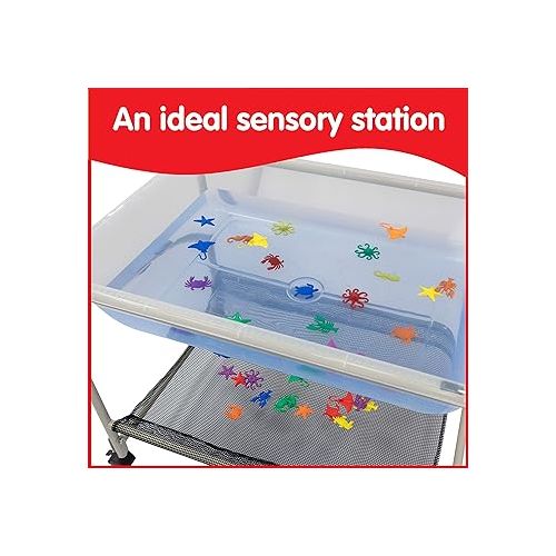  edxeducation Desk Top Water Tray and Stand - Preschool Supplies for Outdoor Sensory Play - 23” H - Sand and Water Table - Lockable Casters and Shelf