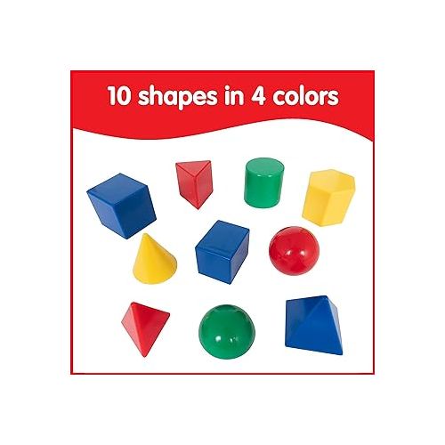  edxeducation Mini Geometric Solids - Set of 40 - 3D Shapes for Math & Geometry - Multicolored Math Manipulatives For Kids - 10 Different Shapes