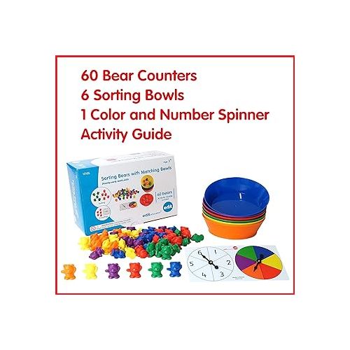  edxeducation Counting Bears with Matching Bowls - Early Math Manipulatives - 68pc Set - 60 Bear Counters, 6 Bowls & 2 Game Spinners - Home Learning