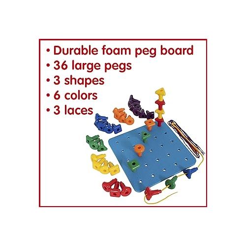  edxeducation Geo Pegs and Peg Board Set - 36 Pegs in 3 Shapes and 6 Colors + 3 Laces - Ages 18m+ - Homeschool Supplies for Preschool Activities