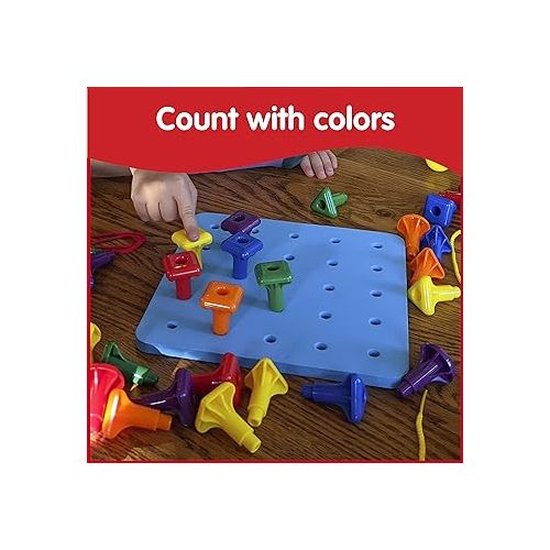  edxeducation Geo Pegs and Peg Board Set - 36 Pegs in 3 Shapes and 6 Colors + 3 Laces - Ages 18m+ - Homeschool Supplies for Preschool Activities