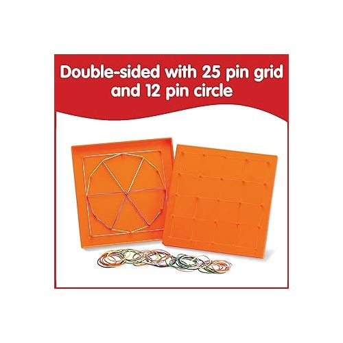  edxeducation Double-Sided Geoboard Set - Set of 6 with Rubber Bands - Ages 3+ - Math Manipulatives, Geometry, Fine Motor Skills, Creativity for Kids - 5 x 5 Grid/12 Pin Circular Array