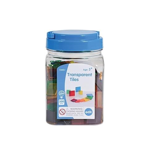  edx education Transparent Tiles - Mini Jar - Colorful, Plastic Squares - Light Box Accessory - Sensory Play - Math Manipulative