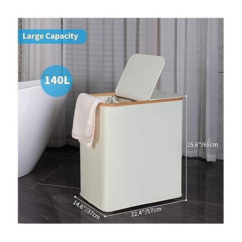  efluky Laundry Hamper with Lid, Double Laundry Hamper with 2 Removable Bags, 2 Section Laundry Basket with Bamboo Handles for Bathroom, Bedroom & Laundry Room, 140L (36.9 Gallon) Beige