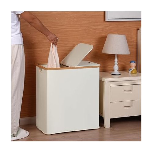  efluky Laundry Hamper with Lid, Double Laundry Hamper with 2 Removable Bags, 2 Section Laundry Basket with Bamboo Handles for Bathroom, Bedroom & Laundry Room, 140L (36.9 Gallon) Beige