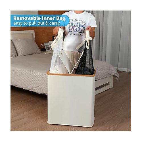  efluky Laundry Hamper with Lid, Double Laundry Hamper with 2 Removable Bags, 2 Section Laundry Basket with Bamboo Handles for Bathroom, Bedroom & Laundry Room, 140L (36.9 Gallon) Beige