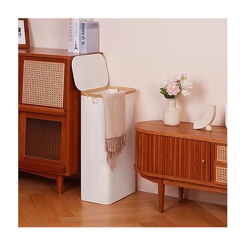  efluky Slim Laundry Hamper with Lid, Narrow Laundry Hamper with Removable Bags, Collapsible Dirty Clothes Basket with Handles for Bathroom, Bedroom & Laundry Room, 63L Beige