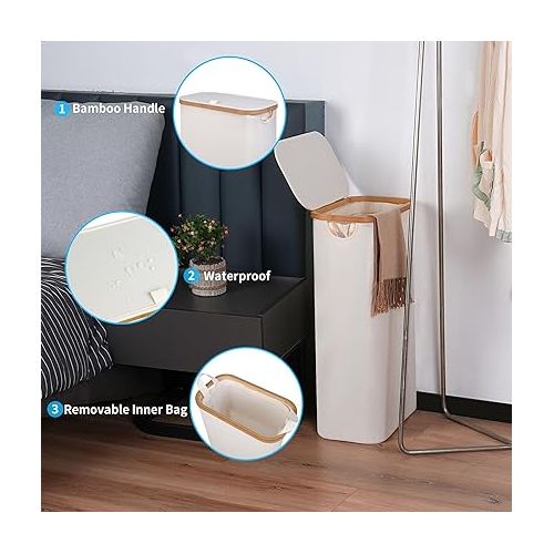  efluky Slim Laundry Hamper with Lid, Narrow Laundry Hamper with Removable Bags, Collapsible Dirty Clothes Basket with Handles for Bathroom, Bedroom & Laundry Room, 63L Beige