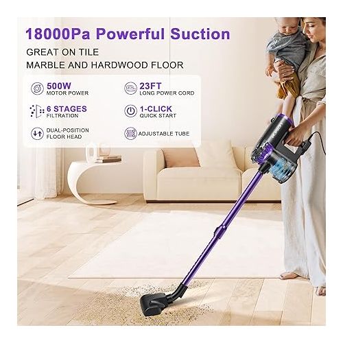  F800 Stick Vacuum with 23 ft Long Cord, 18KPa Powerful Multi Cyclone Bagless Vacuum, Lightweight Small Handheld Vacuum Cleaner for Home Hardwood and Tile Floor, Purple