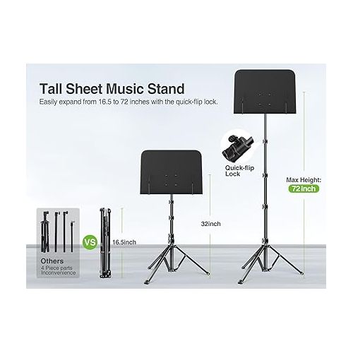  elitehood 72inch Heavy Duty Music Stand with Phone Holder, Foldable Music Stand for Sheet Music with Carrying Bag, Ultra-Stable Music Stand Suitable for Instrumental Performance & Band & Travel