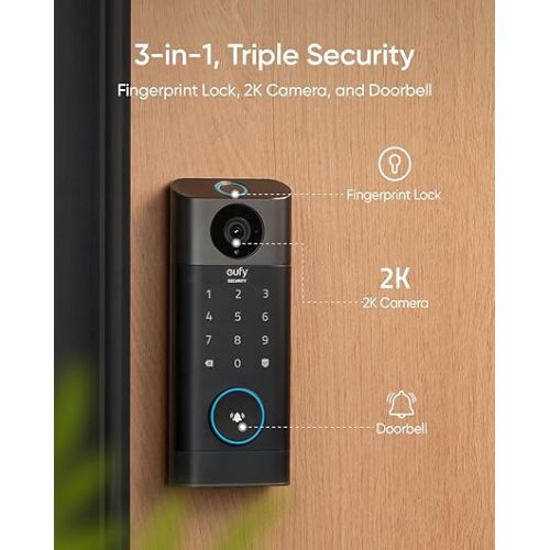  eufy Security Video Smart Lock S330, Chime Included, 3-in-1 Camera+Doorbell+Fingerprint Keyless Entry,BHMA, WiFi Door Lock,App Remote Control,2K HD,No Monthly Fee,SD Card Required