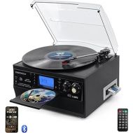 Bluetooth Record Player, Multimedia Center Player with Stereo Built-in Speakers, LP Vinyl to MP3 Converter, 3-Speed Turntable, CD/Cassette Player, FM Radio, Aux in and USB/SD Encoding, Remote Control