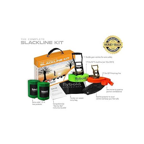  flybold Backyard Slackline Kit - 57 ft Balance Rope and Training Line with Tree Protectors, Arm Trainer, Ratchet Cover and Carry Bag - For Kids and Adults