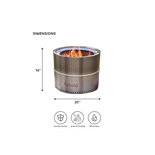  flybold Smokeless Bonfire | Stainless Steel Fire Pit | 19.5 Inch Large Fire Pits for Outside Patio Outdoor Campfire | Solo Portable Backyard Firepit Stand | Natural Wood Burning Firebowl | No Gas