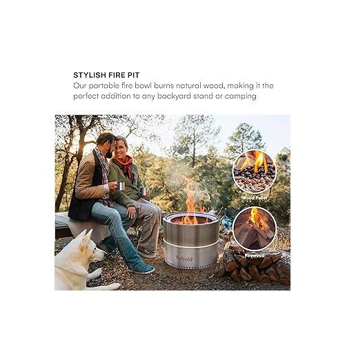  flybold Smokeless Bonfire | Stainless Steel Fire Pit | 19.5 Inch Large Fire Pits for Outside Patio Outdoor Campfire | Solo Portable Backyard Firepit Stand | Natural Wood Burning Firebowl | No Gas