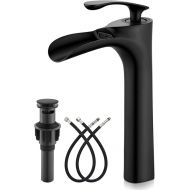 gotonovo Tall Bathroom Faucets for Sink 1 Hole Single Handle Modern Vessel Sink Faucets Waterfall Spout with Water Hoses Solid Brass Vanity Bar Deck Mount with Pop Up Drain Matte Black