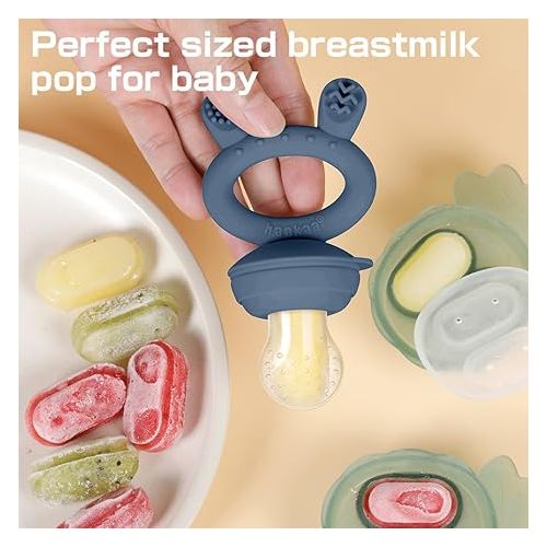 Haakaa Baby Fresh Fruit Food Feeder|Breastmilk Popsicle Mold for Baby Cooling Relief|Silicone Feeder with Pouch Cover for Milk Freezing,BPA Free Baby Feeder for Infant Safely Self Feeding (Steel Blue)