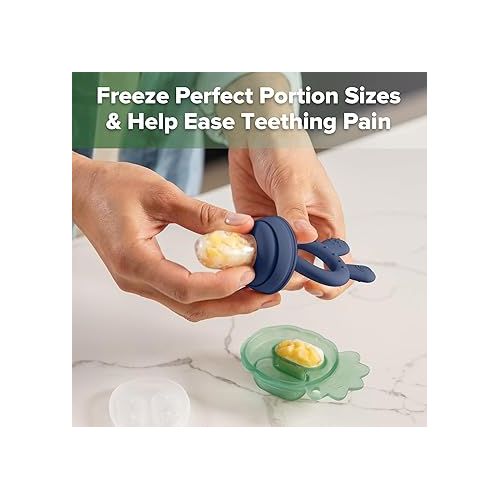  Haakaa Baby Fruit Food Feeder & Mini Freezer Nibble Tray Combo, Breastmilk Popsicle Molds for Baby Cooling Relief, BPA Free Silicone Feeder for Safe Infant Self Feeding, 4 Month+ (Steel Blue)