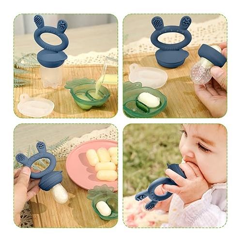  Haakaa Baby Fresh Fruit Food Feeder|Breastmilk Popsicle Mold for Baby Cooling Relief|Silicone Feeder with Pouch Cover for Milk Freezing,BPA Free Baby Feeder for Infant Safely Self Feeding (Steel Blue)