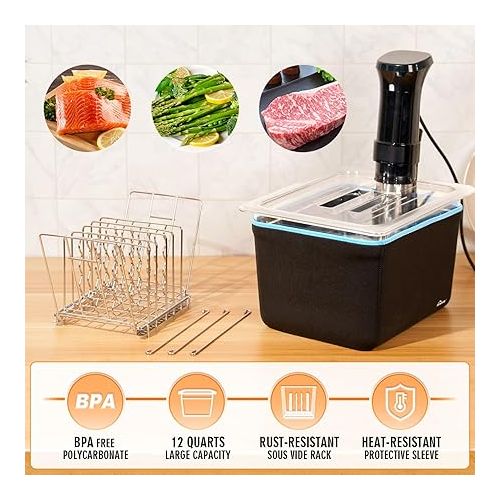  HOMENOTE Container 12 Quart with Lid & Rack and Sleeve - BPA Free Complete Sous Vide Accessories Kit with Cookbook For Anova and Most Sous Vide Cookers