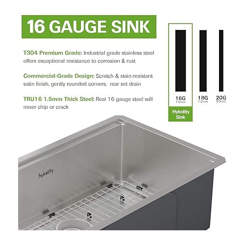  Hykolity 33-inch Workstation Undermount Sink, 16 Gauge Single Bowl Stainless Steel Kitchen Sink with Integrated Ledge and Accessories