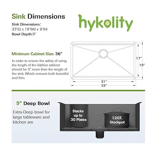  Hykolity 33-inch Workstation Undermount Sink, 16 Gauge Single Bowl Stainless Steel Kitchen Sink with Integrated Ledge and Accessories