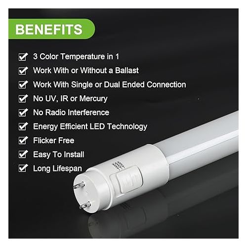  20 Pack 3CCT 4FT LED T8 Hybrid Type A+B Light Tube, 18W, 4000K/5000K/6500K Selectable, Plug & Play or Ballast Bypass, Single or Double End Powered, 2300lm, Frosted Cover, T8 T10 T12, 120-277V, UL, FCC