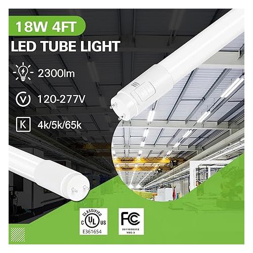  20 Pack 3CCT 4FT LED T8 Hybrid Type A+B Light Tube, 18W, 4000K/5000K/6500K Selectable, Plug & Play or Ballast Bypass, Single or Double End Powered, 2300lm, Frosted Cover, T8 T10 T12, 120-277V, UL, FCC