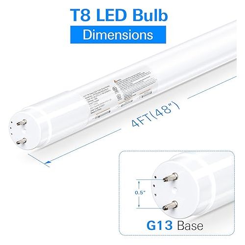  hykolity 20 Pack 4FT LED T8 Hybrid Type A+B Light Tube, 18W, Plug & Play or Ballast Bypass, Single-Ended OR Double-Ended, 5000K, 2400lm, Frosted Cover, T8 T10 T12 for G13, 120-277V, UL Listed