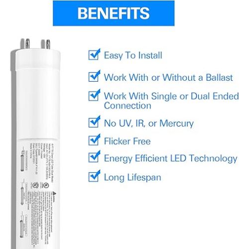  hykolity 20 Pack 4FT LED T8 Hybrid Type A+B Light Tube, 18W, Plug & Play or Ballast Bypass, Single-Ended OR Double-Ended, 5000K, 2400lm, Frosted Cover, T8 T10 T12 for G13, 120-277V, UL Listed