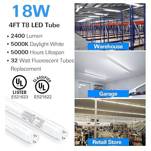  hykolity 20 Pack 4FT LED T8 Hybrid Type A+B Light Tube, 18W, Plug & Play or Ballast Bypass, Single-Ended OR Double-Ended, 5000K, 2400lm, Frosted Cover, T8 T10 T12 for G13, 120-277V, UL Listed