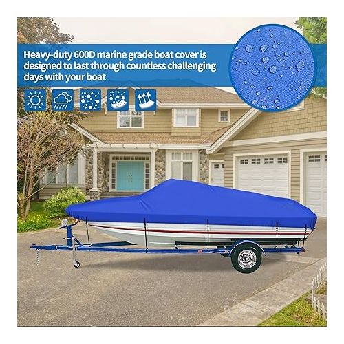  iCOVER Trailerable Boat Cover- 14'-16' 800D Water Proof Heavy Duty,Fits V-Hull,Fish&Ski,Pro-Style,Fishing Boat,Utiltiy Boats, Runabout,Bass Boat,up to 14ft-16ft Long X 90
