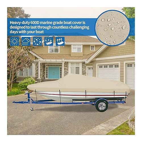  iCOVER Trailerable Boat Cover- 14'-16' 800D Water Proof Heavy Duty,Fits V-Hull,Fish&Ski,Pro-Style,Fishing Boat,Utiltiy Boats, Runabout,Bass Boat,up to 14ft-16ft Long and 68