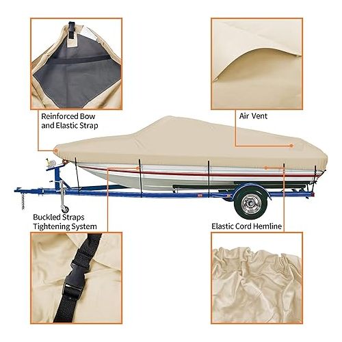  iCOVER Trailerable Boat Cover- 14'-16' 800D Water Proof Heavy Duty,Fits V-Hull,Fish&Ski,Pro-Style,Fishing Boat,Utiltiy Boats, Runabout,Bass Boat,up to 14ft-16ft Long and 68