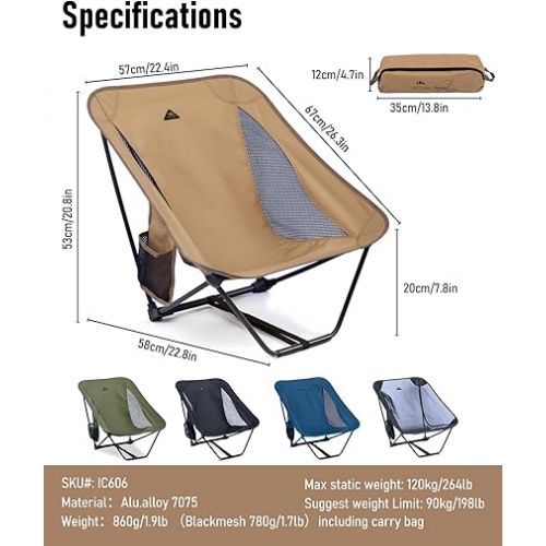  iClimb Low Ultralight Compact Camping Folding Chair with Side Pocket and Carry Bag