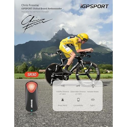  iGPSPORT SR30 Radar Bike Rear Light, 20H Battery Life, 150M Monitoring Distance, IPX7 Waterproof, Rechargeable Bicycle Cyle Back Tail Lights