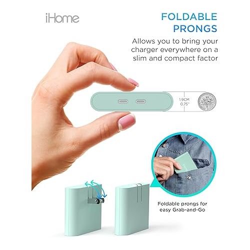  iHome 2-Port USB-C Charger, AC Pro Fast Charging Flat USB C Charger Block (Mint), Compatible with iPhone, iPad, Google Pixel 2, Power Delivery