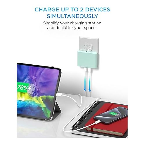  iHome 2-Port USB-C Charger, AC Pro Fast Charging Flat USB C Charger Block (Mint), Compatible with iPhone, iPad, Google Pixel 2, Power Delivery