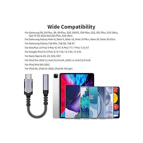  USB C to 3.5mm Audio Headphones Adapter for Samsung Galaxy S24 S23 Ultra S22 Plus S21 S20, Type C to Aux Earphones Dongle Cable DAC for iPhone 15 Pro Max iPad 10 Google Pixel 8 7 7A 6 6A OnePlus Open