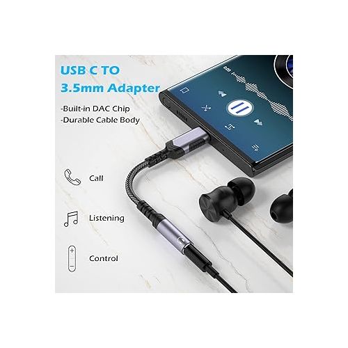  USB C to 3.5mm Audio Headphones Adapter for Samsung Galaxy S24 S23 Ultra S22 Plus S21 S20, Type C to Aux Earphones Dongle Cable DAC for iPhone 15 Pro Max iPad 10 Google Pixel 8 7 7A 6 6A OnePlus Open
