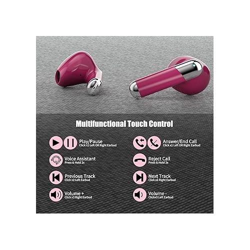  True Wireless 5.3 Bluetooth Earbuds HiFi Stereo Sound Long Lasting Battery Touch Control Small Lightweight with Microphone Headphones for iPhone iPad Samsung Android Gym Workouts Sports Girls Women