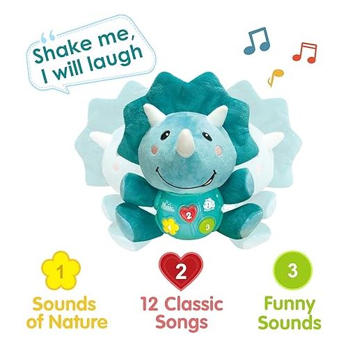  iPlay, iLearn Baby Dinosaur Musical Toys, Newborn Boys Soft Dino Plush Stuffed Animal, Infant Light Up Music Time, 1st Easter Basket Stuffer Birthday Gift 0 1 2 3 6 9 12 18 Month Age 1-3 Toddlers Girl