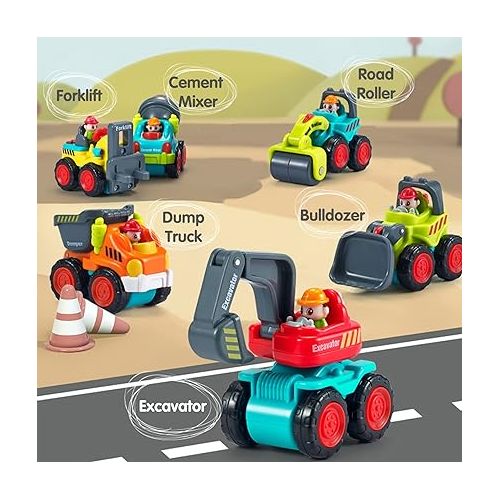  iPlay, iLearn Toddler Construction Toy Trucks, Baby Mini Push Go Cars W/Playmat, Kid Pocket Construction Vehicle, Little Excavator Dump Bulldozer, Birthday Gifts for 6 9 12 18 Month 1 2 3 Year Old Boy