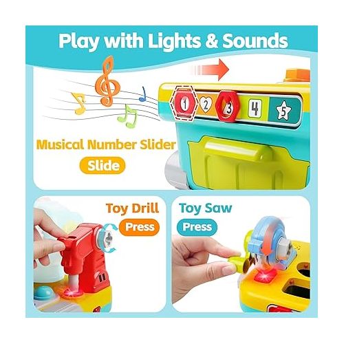  iPlay, iLearn Toddler Musical Workbench Toys for One Year Old Boys, Baby Pretend Play Tool Set, Infant Shape Sorter Activities, Kids Pounding Game, 1st Birthday Gift for 12 18 24 Month Girls Age 1 2 3