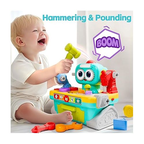  iPlay, iLearn Toddler Musical Workbench Toys for One Year Old Boys, Baby Pretend Play Tool Set, Infant Shape Sorter Activities, Kids Pounding Game, 1st Birthday Gift for 12 18 24 Month Girls Age 1 2 3