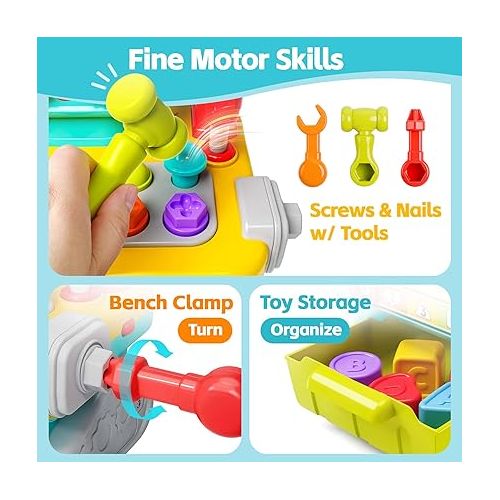  iPlay, iLearn Toddler Musical Workbench Toys for One Year Old Boys, Baby Pretend Play Tool Set, Infant Shape Sorter Activities, Kids Pounding Game, 1st Birthday Gift for 12 18 24 Month Girls Age 1 2 3