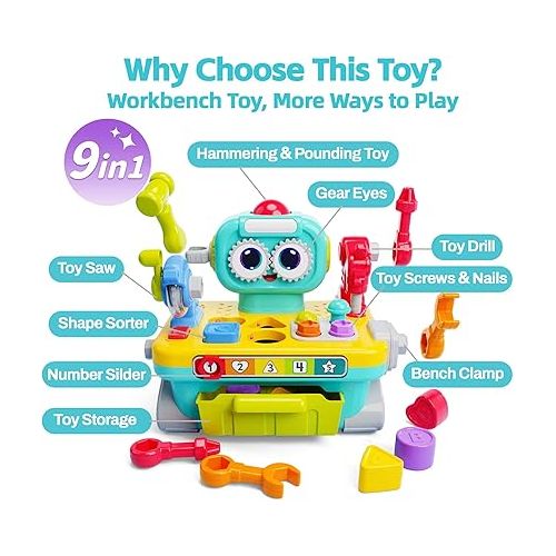  iPlay, iLearn Toddler Musical Workbench Toys for One Year Old Boys, Baby Pretend Play Tool Set, Infant Shape Sorter Activities, Kids Pounding Game, 1st Birthday Gift for 12 18 24 Month Girls Age 1 2 3