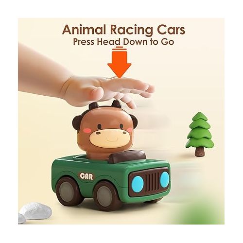  iPlay, iLearn Press and Go Car Toys for Toddlers 1-3, Baby Animal Racing Cars, Infant Play Vehicle Set, Baby Push Go Friction Car Toys for 6-9-12-18 Months, 1st Birthday Gifts for 1-2 Years Old Boys