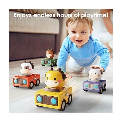  iPlay, iLearn Press and Go Car Toys for Toddlers 1-3, Baby Animal Racing Cars, Infant Play Vehicle Set, Baby Push Go Friction Car Toys for 6-9-12-18 Months, 1st Birthday Gifts for 1-2 Years Old Boys