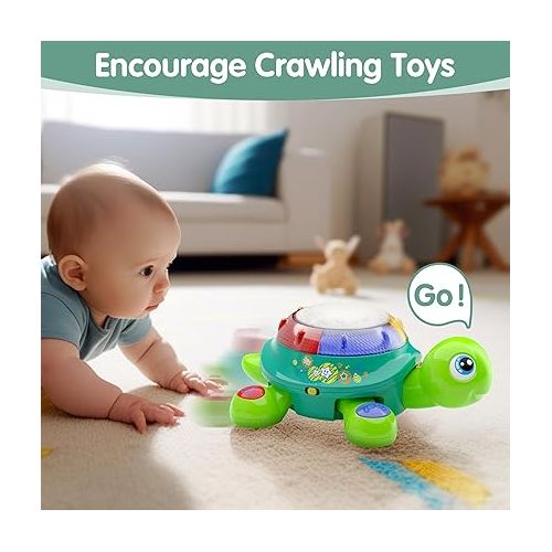  iPlay, iLearn Baby Musical Turtle Toy, Infant Crawling Tummy Toys W/ Light Sound, Toddler Spanish English Bilingual Learning Educational, Birthday Gifts 6 7 8 9 10 12 18 Month 1 Year Old Boy Girl